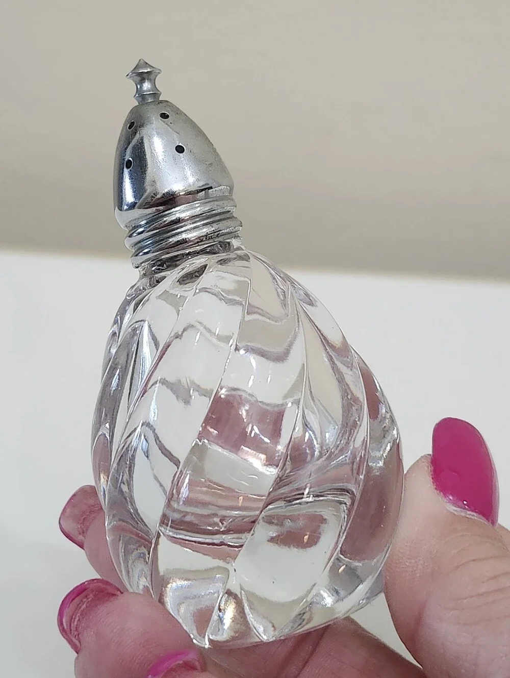 Vintage Glass Salt and Pepper Shakers With Chrome Tops Swirl Design Glossy MCM